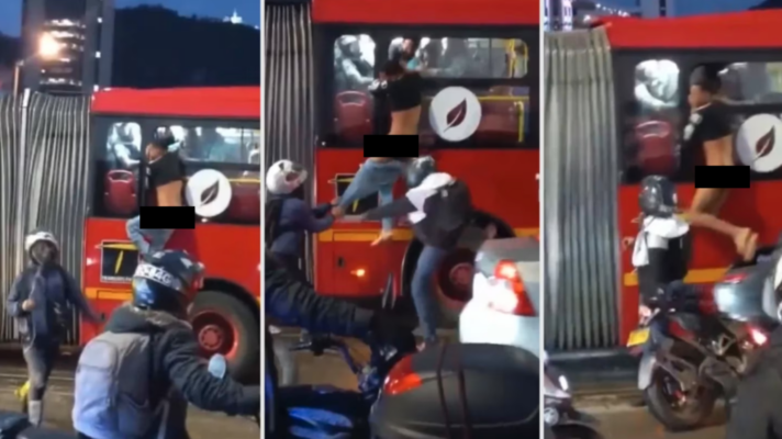 Ladrón queda desnudo y colgado de la ventana de un TransMilenio En